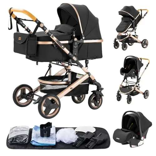 YAZOCO Poussette 3 en 1, Combinée Poussette Bébé Réversible, Cadre Aluminium Léger, Haute Vue, Pliage Rapide en Un Clic