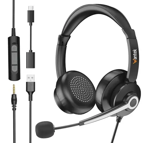Wantek Casque PC avec Microphone, USB/Type - C/3,5 mm Jack 3- en-1 Casque d'ordinateur USB Casque et contrôle de Volume Filaire pour Centre d'appels Skype,Zoom,Bureau à Domicile