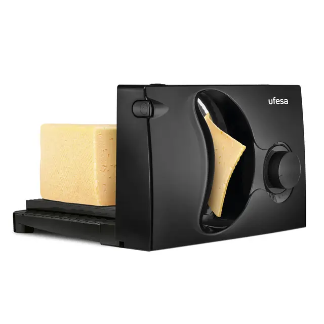 UFESA CF0918 Katana Trancheuse Électrique avec Lame en Acier Inoxydable Amovible, 170mm de Diamètre, Épaisseur Réglable 0 à 15mm, Bouton Sécurité, Base Pliable et Amovible, 150W