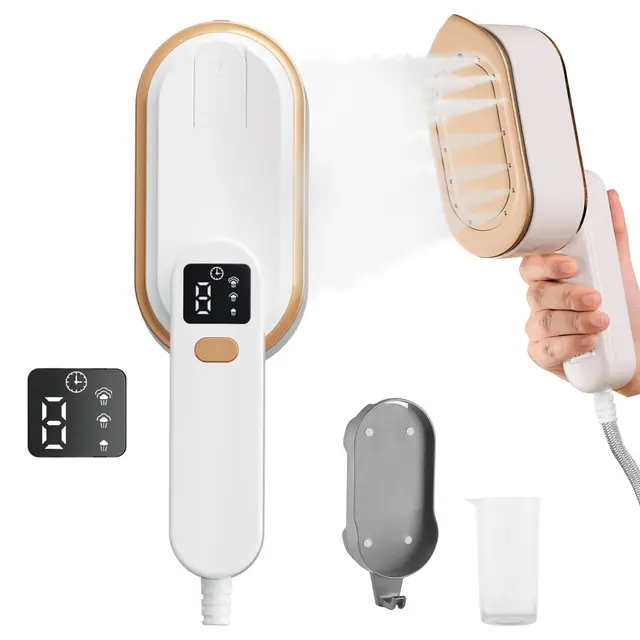 Fer à vapeur de voyage avec écran LCD, 10S, chauffage rapide, 2000 W, avec poignée rotative à 180°, défroisseur portable, 3 niveaux de vapeur pour les voyages, la maison, le bureau (Blanc)