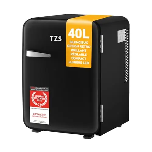 TZS First Austria - Mini Réfrigérateur Rétro 40L silencieux - Petit Minifrigo design vintage avec lumière intérieure et 2 compartiments de porte - Minibar pour camping, bureau, chambre & hôtel - noir
