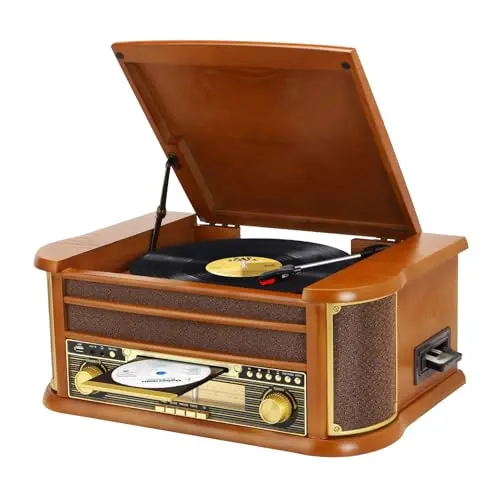 Platine Vinyle 9 en 1 avec Bluetooth, Radio AM/FM, Lecteur CD et Cassette, Lecture USB, Télécommande, Haut Parleurs Intégrés, Tourne Disque Vintage