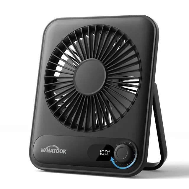 WHATOOK Ventilateur USB silencieux : régulateur en continu 1 à 100, batterie 2000 mAh avec affichage LED, mini ventilateur portable pour table, bureau, maison, chambre à coucher (noir)