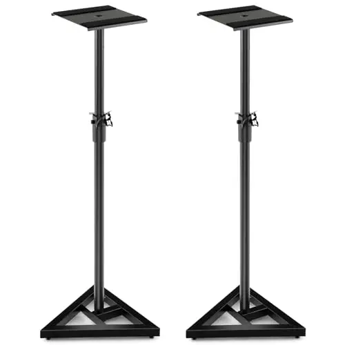 KOMFOTTEU Lot de 2 Supports d'Enceintes, réglables en Hauteur de 97 à 157 cm, Pieds d'Enceintes en Fer, Charge de 50KG par Unité, Construction à Trépied, Pieds réglables, Noir