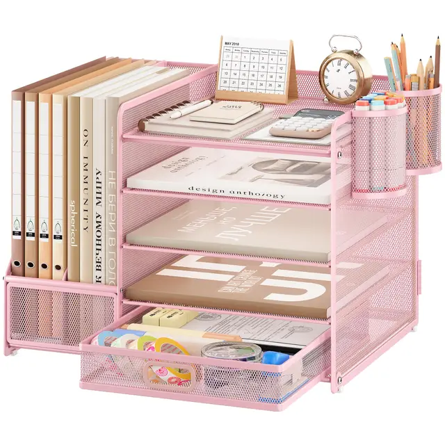 VITVITI Robuste Organisateur de Bureau avec Porte-Documents, 5 Niveaux - Porte-Lettres avec Tiroir et 2 Porte-Stylos - Compartiments de Rangement en Maille pour Fournitures de Bureau, Rose