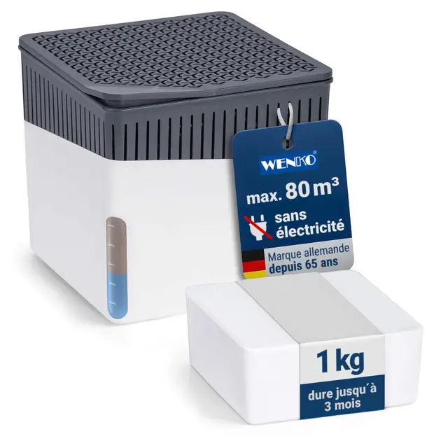 WENKO Déshumidificateur Cube 1000 g, pour pièces jusqu’à 80 m³, elimine l'humidité, anti moississure, sans électricité, silencieux, rechargeable, blanc