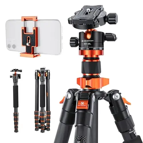 K&F Concept Trepied Carbone Monopode Appareil Photo 172cm, Trépied Professionel Compact D255C4 pour DSLR, Trepied Voyage Leger 5 Sections avec Rotule Metal Sac Transport Inclus Max:10kg(SA255C1)