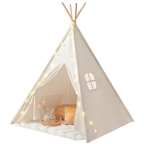 Tiny Land Tipi Enfant Intérieur avec Tapis & Guirlande Lumineuse - Cabane Enfant en Toile pour Chambre Bébé Fille & Garçon, Tente de Jeux Pliable Intérieur/Extérieur, Déco Maison & Cadeau 3 Ans+