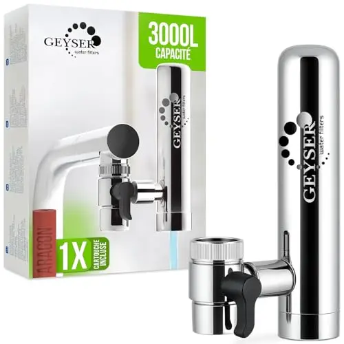 GEYSER EURO (3000L) Filtre à Eau pour Robinet avec Système Unique de Cartouche Aragon, Réduit les Métaux Lourds, le Chlore, les Bactéries et les Pesticides (1 Cartouche Incluse)
