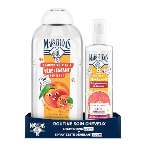 Le Petit Marseillais Shampooing 2 en 1 Bébé & Enfant Démêlant Pêche & abricot bio, 300ml + Spray Zeste Démêlant Pamplemousse & Jasmin, 200ml (Lot de 2) Routine soin cheveux 95% d'origine naturelle