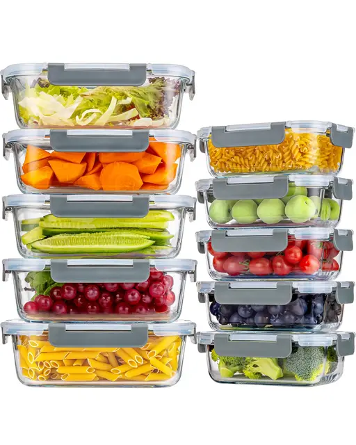 KUMD – Lot de 20 pièces (10 ensembles) de boîtes de conservation en verre avec couvercles hermétiques à verrouillage - Boîtes à repas et boîtes à lunch étanches, adaptées au four, au micro-ondes, au