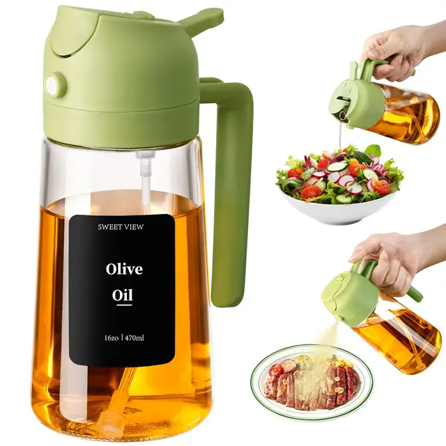 SWEET VIEW Flacon pulvérisateur d'huile d'olive 2 en 1 en verre 470 ml avec bec verseur pour cuisine, friteuse à air, cuisine, salade, barbecue (vert)