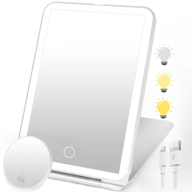 SURFOU Miroir de Maquillage Lumineux 10X Rechargeable Blanc