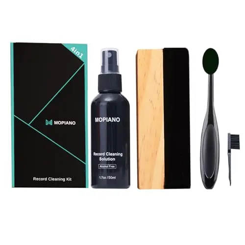 Kit de nettoyage de disques Mopiano | Nettoyant vinyle complet 4-en-1 pour albums | Comprend une brosse en velours doux pour disques vinyles, un liquide nettoyant LP, une brosse à stylet, une brosse