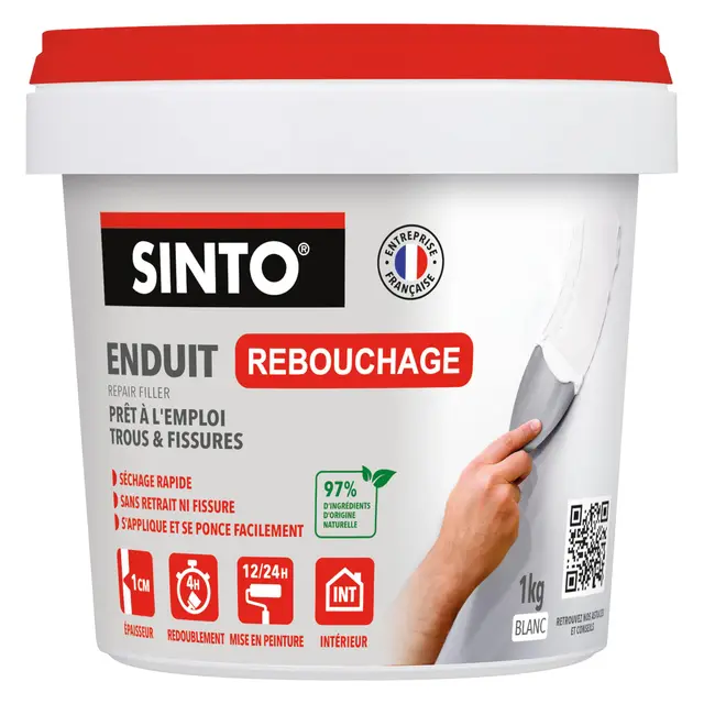 SINTO Enduit de rebouchage pâte blanc 1kg, rebouche trous fissures et gros défauts jusqu'à 1cm, sans retrait ni fissure, séchage rapide, plâtre béton brique et bois, prêt à l'emploi