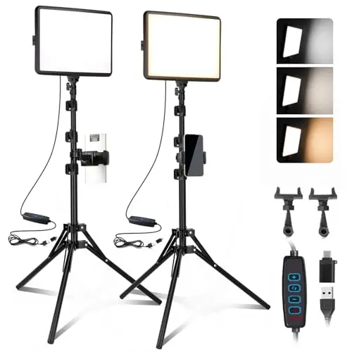 25cm*20cm Lumiere Photo, Lot de 2Panneau d'Éclairage Vidéo LED Kit 2800-6500 K avec USB/Support de téléphone, 185cm Kit D'éclairage de Photographie à Intensité Variable pour Portrait/TikTok (2 Pack)