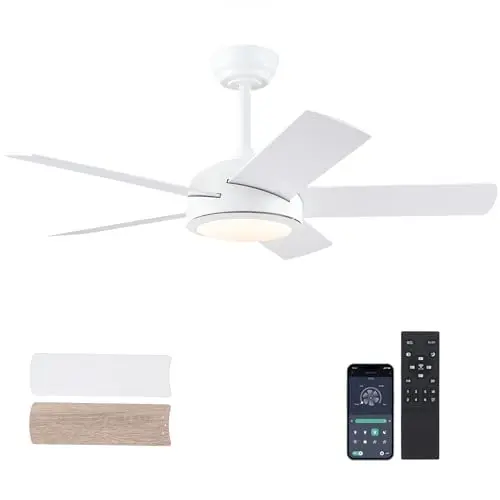 Kviflon Lustre Ventilateur de Plafond Blanc avec Lumière LED 107cm, Moteur DC Ultra Silencieux pour Chambre et Salon, Plafonnier Design Moderne Profil Bas, 5 Pales Réversibles, Télécommande & App