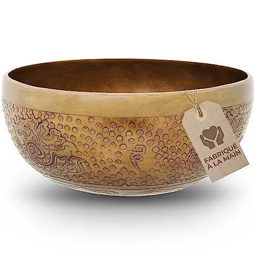 Bol chantant tibétain, motif fleur de vie, pour yoga, méditation et détente, diamètre : 20 cm, 1100 g, surface antique, fabriqué à la main de qualité professionnelle