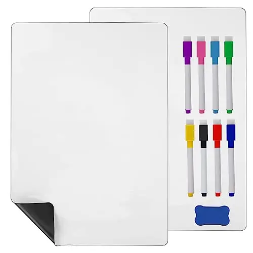 Hisredsun 2PCS A4 Tableau Blanc Magnetique, Tableau Magnetique Frigo Avec 8 Stylos Marqueurs Et 1 Gomme, Pour La Maison, Le Bureau, L'école, Autocollant De Rappel, Agenda Mensuel, Liste De Courses
