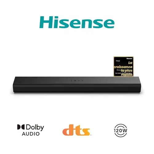 Hisense HS1000 - Barre de Son 2.0 CH, 120W Max, Dolby Audio & DTS Virtual:X, Bluetooth 5.3, HDMI Arc, Optique, 4 Haut-parleurs Intégrés, Noir