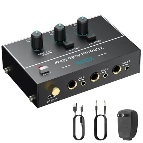 Mini Mélangeur Audio 2 Canaux Stéréo/Mono, 3,5 mm + 6,35 mm avec Contrôle du Volume Indépendant, Faible Bruit pour Guitare, Clavier, Micro, Casque, PC