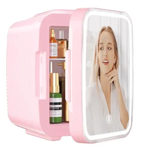 YASHE Mini Frigo pour Chambre, Frigo Skincare avec Miroir LED, Petit Frigo de 4L Portable, Thermoelectrique Chauffe & Refroidisseur 220V AC / 12V DC pour Voiture, Bureau, Dortoir (Rose)