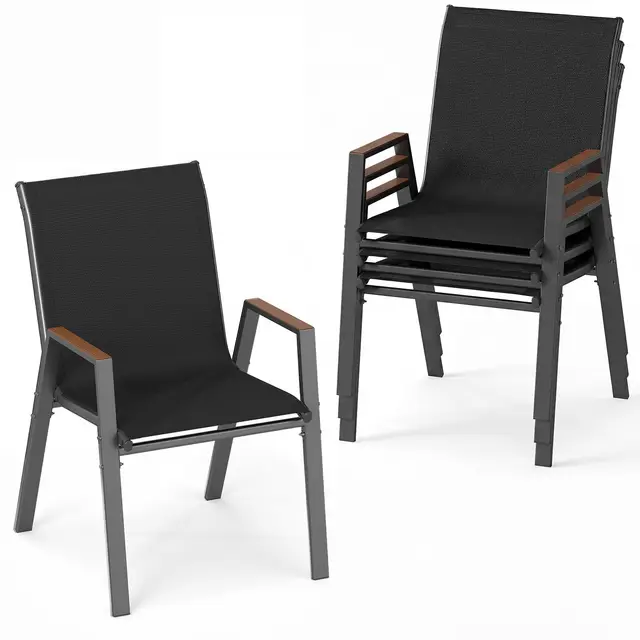 COSTWAY Lot de 2/4 Chaises de Jardin Exterieur, Fauteuils Empilable, Charge 180 kg, Tissu Respirant, Structure en Métal, Chaise Exterieur pour Jardin Cour Balcon, 56 x 66 x 88 cm (Noir,4)