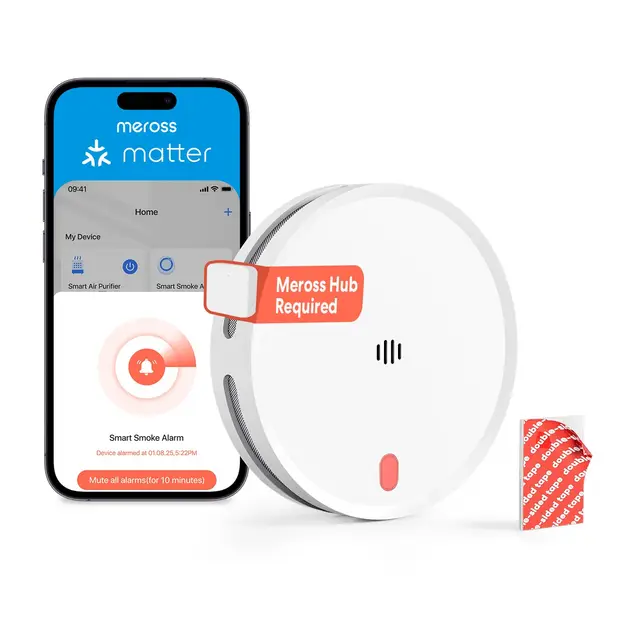 Meross Détecteur de Fumée Connecté avec Alerte APP, Alarme Incendie Wi-FI avec Double capteur Optique, Maillage Anti-Insectes 0,8 mm, 33 mm, Hub requis, 1 Pièce