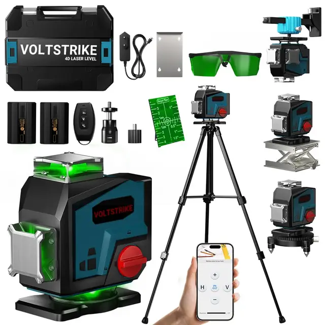 Niveau Laser Autonivelant 360° x 4, Laser Chantier Avec trépied, 4D 16 Lignes Lazer Niveaux Vert, 2 Batteries Lithium 5200mAh et Télécommande, Pour Décoration de Maison, Construction de Bâtiments