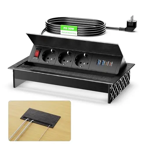 Multiprise Encastrable 2 USB C PD 30W, Aluminium Prise Encastrable Plan de Travail avec Interrupteur, Bloc Prise Escamotable pour Cuisines Bureaux Salle de Réunion, 1.8M Câble, Noir