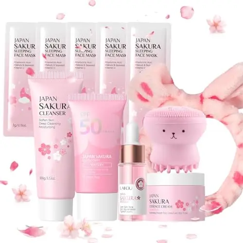 Sakura Ensemble de Soins de la Peau 11 Pièces,Avec Bandeau,Brosse visage,Nettoyant,Crème solaire 50+,Essence,Crème,Masque visage 5,Coffrets de soins pour la peauConvient à Tous Types de Peau