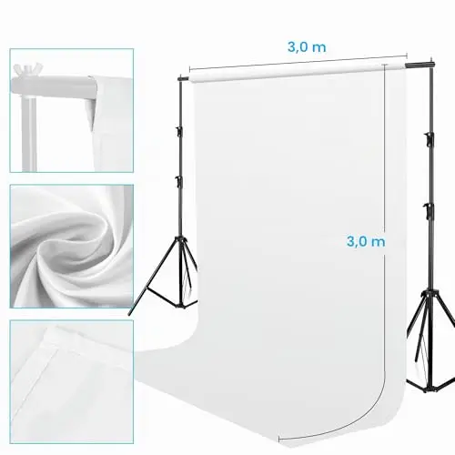 Toile de Fond Blanc 3x3m, Bonvvie Fond Photo Résistant aux Rides, Fond de Mousseline Lavable pour Studio de Photographie, Vidéo, Télévision, Youtube,Zoom, Réunions en Ligne