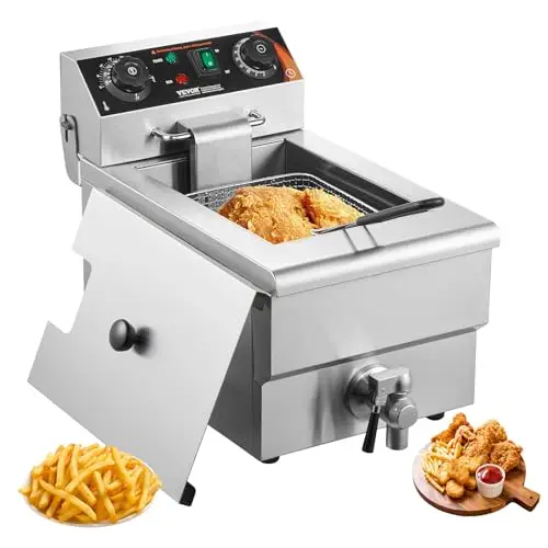 VEVOR Friteuse commerciale 3000 W, friteuses à bain d'huile électrique avec panier, en acier inox, 9 L, avec contrôle du temps et de la température, protection contre la surchauffe, pour restaurant