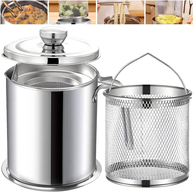 Chihee Récipient à Graisse Friteuse 2 en 1 Acier inoxydable Graisse Bacon en Acier avec Filtre à Mailles Fines Panier à friture 2L Pot à huile Boîte à Graisse avec Couvercle Assiette Plateau
