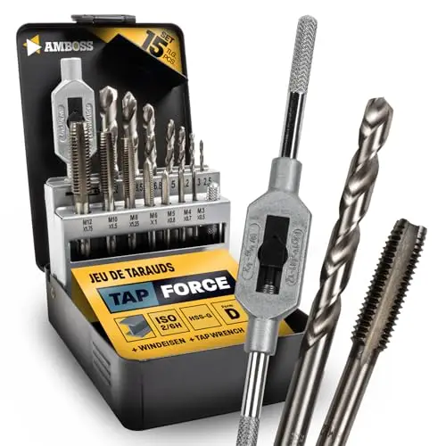 Kit taraudage métrique, M3 - M12, 15 pcs. HSS-G/filets/Amboss Tap Force/coffret taraud, assortiment de taraudage, kit de coupe, kit de tarauds / M3 & M4 & M5 & M6 & M8 & M10 & M12