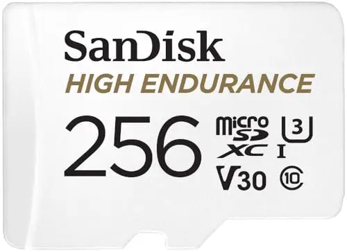 SanDisk 256 Go High Endurance carte microSDXC pour les caméras IP et les caméras embarquées + adaptateur SD jusqu'à 20 000 heures de vidéo Full HD / 4K jusqu'à 100 Mo/s UHS-I Class 10 U3 V30