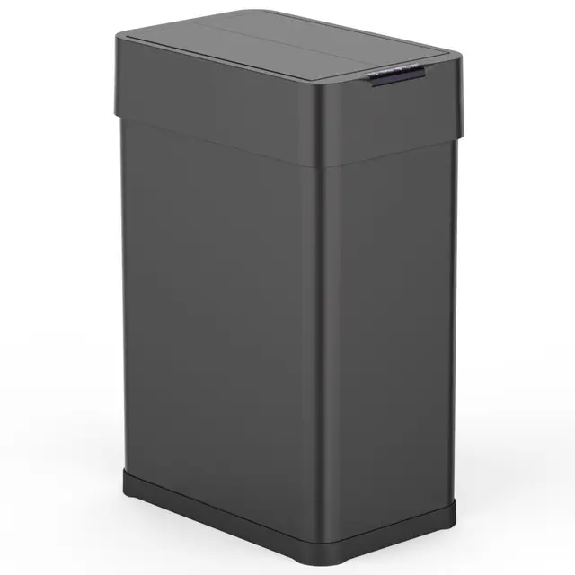 KITCHEN MOVE Poubelle de cuisine automatique 60L SILVERLAKE BLACK en acier Inox avec cerclage Ouverture papillon grande capacité