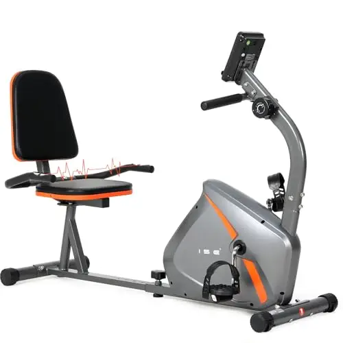 ISE Vélo d'Appartement Semi-Allongé Vélo Couché avec Frein Magnétique, Roues de Transport, Capteurs d'Impulsion, l'Ecran LCD, 8 Niveaux de Résistance Réglables, Velo d appartement Semi Allongé