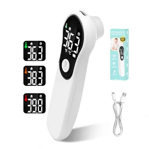 Thermomètre Frontal Sans Contact, Thermometre Bebe, Thermomètre Numérique Infrarouge pour Adultes, Lecture Précise avec Ecran LCD,°C/°F,Alerte Fièvre, Mesures Rapides et Précises (Blanc)