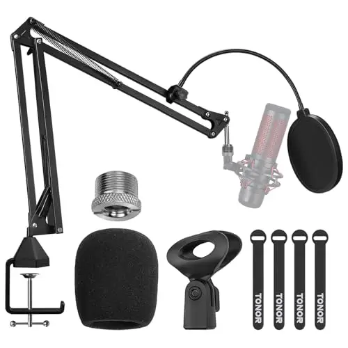TONOR Bras de Micro Réglable, Support de Microphone pour Studio avec Filtre anti-pop, Adaptateur 3/8" à 5/8", Pince de Fixation Renforcée pour Podcasts, Streaming, Gaming, 35 cm +35 cm, T20