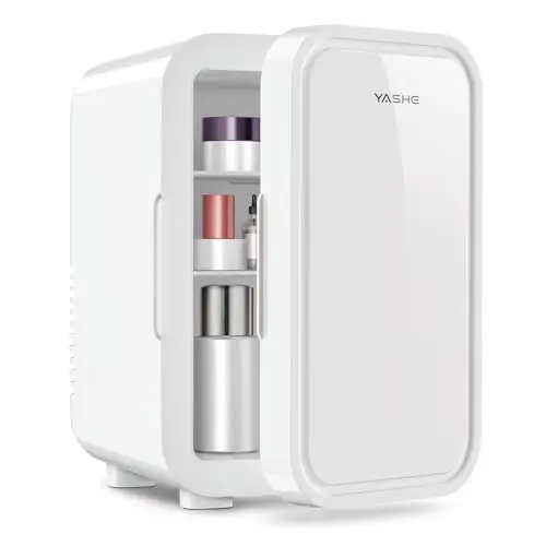YASHE Mini réfrigérateur, 6 litres/8 canettes 220-240 V AC/DC Réfrigérateur thermoélectrique portable pour chambre à coucher, soins de la peau, boissons, bureau, dortoir et voiture, blanc