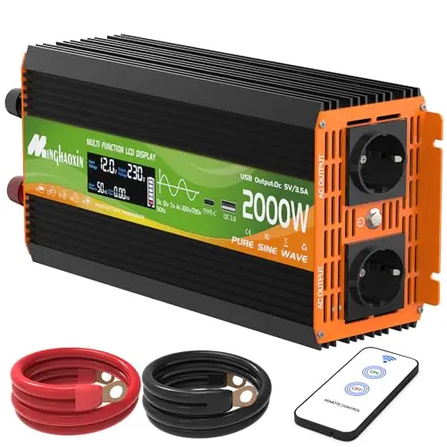 2000W Convertisseur 12v 220v Pur Sinus Transformateur Onduleur 2 Prises UE avec LCD Télécommande Ports USB+Type-C pour RV Voiture De Camion,Camping,Caravane,Bateau