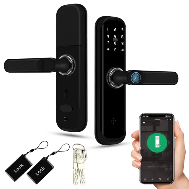 Tuya Serrure de porte intelligente — Serrure de porte à empreinte digitale et clavier avec poignée | Serrure à mortaise électronique Bluetooth | Convient pour les maisons, les appartements et les