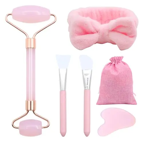 VEGCOO Quartz Rose Rouleau Gua Sha Kits, Jade Roller Visage et Pierre de Guasha, Massage pour Visage Cou Corps Muscles
