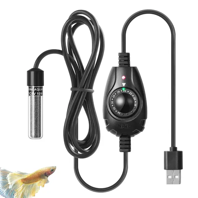 10W Chauffage Aquarium USB Ultra Mini, Chauffage Réglable Compact pour Petits Aquariums 1-10L, avec Régulateur Externe, Chauffage pour Betta et Ronds à Poissons