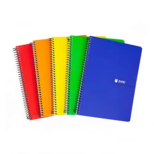 Enri, Lot de 5 cahiers A5 à carreaux 4 x 4, couverture souple, 80 feuilles, couleurs assorties