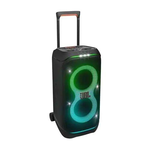 JBL Partybox Stage 320, Enceinte portable de soirée, roulettes et poignée télescopique intégrés, son JBL Pro, jeu de lumières, 18 heures d'autonomie, résistante aux éclaboussures IPX4, en noir