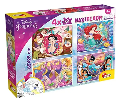 Lisciani - DISNEY PRINCESSES - 4 Puzzles pour Enfants dès 4 ans - 4 x 48 pièces - MaxiFloor 35x25 cm - Puzzles 2 en 1 - Double Face avec Verso à Colorier - Jeux Educatifs Favorisant la Concentration