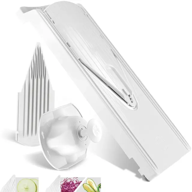 Coupe Légumes V3 (Set de Base) • Mandoline en V pour tranches en 3 épaisseurs • Mandoline Réglable pour Légumes & Fruits • Pieds en Caoutchouc et Lame en Acier Inoxydable • Blanc