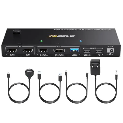KVM Switch Laptop PC 2 Moniteur, KVM Switch 2 PC 2 Monitor USB C DP HDMI Partage 4 USB 3.0 Ports, 4K@60Hz, MST, PD 60W, Wired Remote(4K USB C DP HDMI 2 in 2 out KVM)